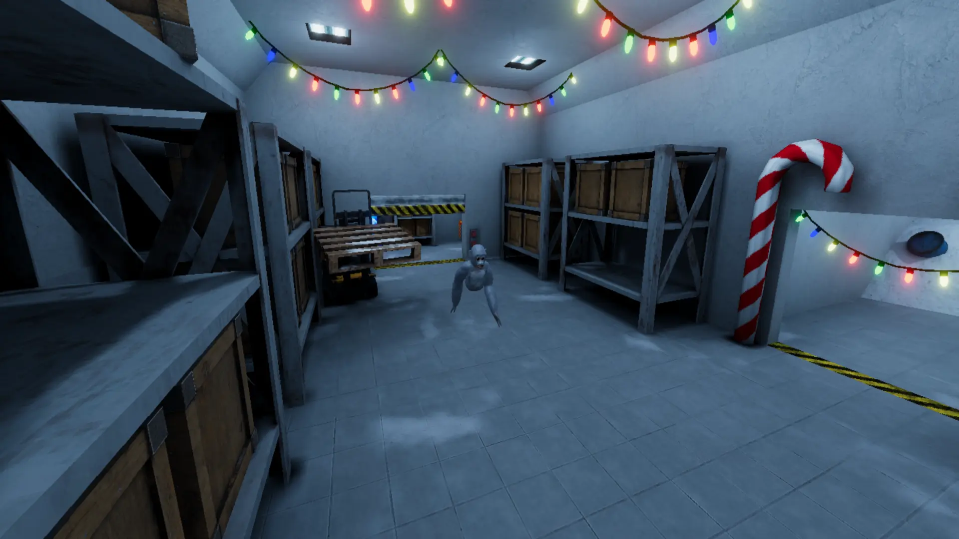 An ape stalking through the lit warehouse storage aisles